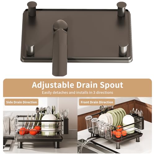 PureBox Dish Drying Rack, Rustproof Stainless Steel Kitchen Counter Organizer with Cup Holder, Utensil Caddy & Drainer Board, Space Saving, Black