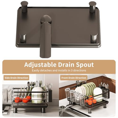 PureBox Dish Drying Rack, Rustproof Stainless Steel Kitchen Counter Organizer with Cup Holder, Utensil Caddy & Drainer Board, Space Saving, Black