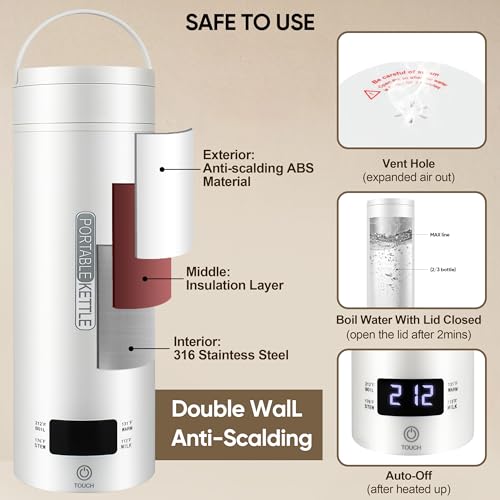 Portable Electric Kettle, Travel Tea Kettle, Small Hot Water Boiler Coffee Heater 450ML, 316 Stainless Steel, 4 Temperature Settings with Fast Boiling Water Auto Shut-off Boil Dry Protection (White) - color: White