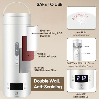 Portable Electric Kettle, Travel Tea Kettle, Small Hot Water Boiler Coffee Heater 450ML, 316 Stainless Steel, 4 Temperature Settings with Fast Boiling Water Auto Shut-off Boil Dry Protection (White) - color: White