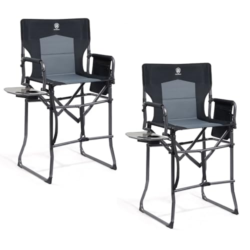 EVER ADVANCED 2 Piece Portable 30.7" Seat Height Tall Folding Camping Chair Directors Chair High with Side Table for Makeup Artist, Sports Event, Craft Show, Supports 350LBS - color: Black Grey-2p