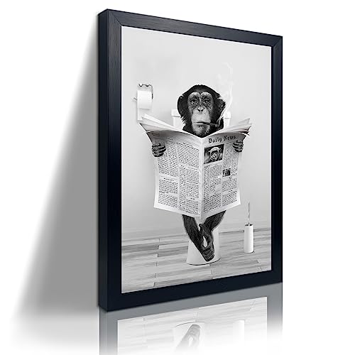Funny Monkey Framed Wall Art in Bathtub,Black and White Canvas Monkey Wall Art Prints Farmhouse Bathroom Decor,Humor Animals Bathroom Painting Canvas Rustic Style Artwork(16"x20", Framed) - color: Black and White Monkey, size: 20"L x 16"W