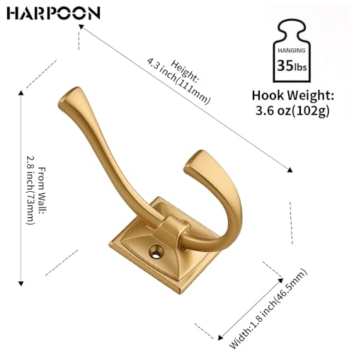 HARPOON 5 Pack Prong Hook, Heavy Duty Two Flared 4.3 inch Coat Hooks, Wall Mounted with 4 Screws, Utility Hooks Brushed Gold - color: Brushed Gold