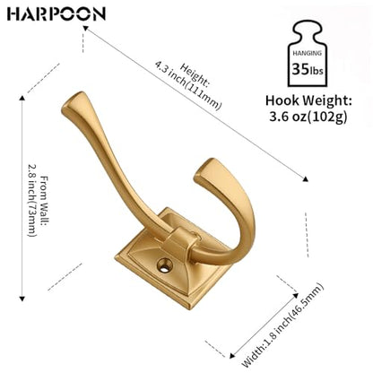 HARPOON 5 Pack Prong Hook, Heavy Duty Two Flared 4.3 inch Coat Hooks, Wall Mounted with 4 Screws, Utility Hooks Brushed Gold - color: Brushed Gold