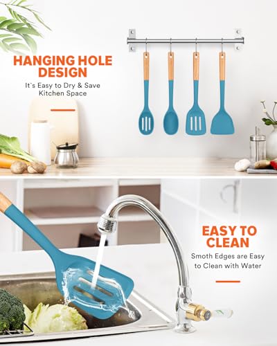 Silicone Cooking Utensils Set, Perfectly Angled for Frying, Mixing,Serving,Draining,Turning and Stirring, BPA-Free Matte Silicone, Wood Handles, Safe for Nonstick Cooking Surfaces,4 Pack (Blue) - color: Blue