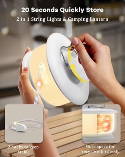 HOMEBEST Upgraded 33FT RGB Camping String Lights, Retractable Camping Lights with Music Sync, 19 Modes, Rechargeable Waterproof Tent Lights, Portable Camping Lantern for Tent, RV, Patio & Awning - color: White