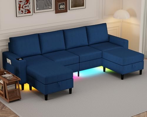 U Shaped Sectional Couches for Living Room, 109" Linen Cloud Couch with Chaise Lounge/Storage Ottoman, 4 Seat Sectional Sofa with Smart Module-Wireless Charging/USB/Type-C/RGB Lights (Blue) - color: Blue, size: Softened Linen