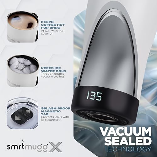 SmrtMugg X Heated Coffee Mug 19 oz., 8 Hour Battery Life, Self-Heating, Adjustable Temp Controlled, LCD Screen, Includes Cover with Magnetic Slider (Black) (White) - color: White