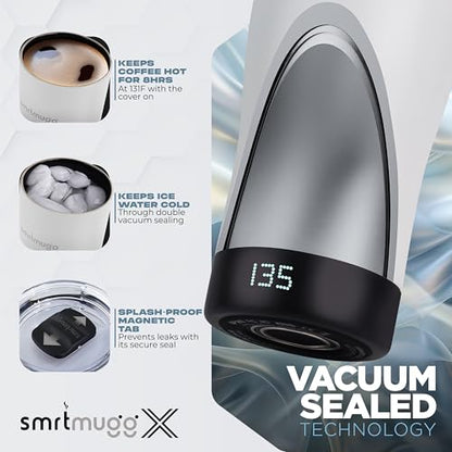 SmrtMugg X Heated Coffee Mug 19 oz., 8 Hour Battery Life, Self-Heating, Adjustable Temp Controlled, LCD Screen, Includes Cover with Magnetic Slider (Black) (White) - color: White