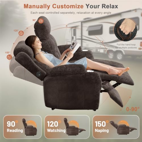 RV Loveseat Recliner Sofa, Reclining Loveseats Couch for RV Furniture, Home Theater Seating with Massage, USB, Insert Pockets, Cup Holders, 150° Wall Hugger RV Recliners Sleeper Sofa - color: Velvety Brown, size: Loveseat-G1
