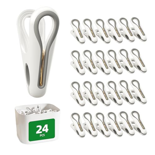 Plastic ClothesPins Heavy Duty Out door 24 Pack with Storage Box, 2.5-Inch Chip Clips with Non-Slip No-Trace Design for Laundry, Drying Clothes,Towels, Crafts, Picture, Food Clips, Home Use and Travel - color: White