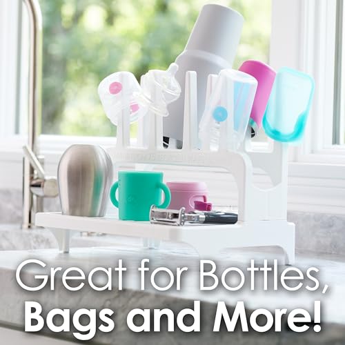 PopYum White Space Saving Drying Rack from 100% Recycled Bottles | Space Saving, Made from 100% Recycled Bottles, Countertop for Baby Bottles, For Plastic Bags, Cups, Glass, Tumblers, Compact - color: White