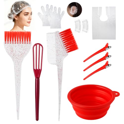 Hair Dye Color Brush and Bowl Set, Color Bowl Brushes Tool Mixing Bowl Kit Tint Comb for Hair Tint Dying Coloring Applicator (Red&Clear) - color: Red&Clear