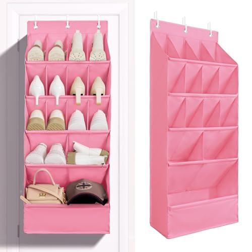 FENTEC 1 Pack Over-the-Door-Shoe-Organizers, Hanging Shoe Organizers with Large Pocket Shoe Holder Hanging Shoe Rack for Closet Shoes Organizer for Wall, Over Door Organizer with 15 Pockets Pink - color: PINK, size: 18+ Pairs