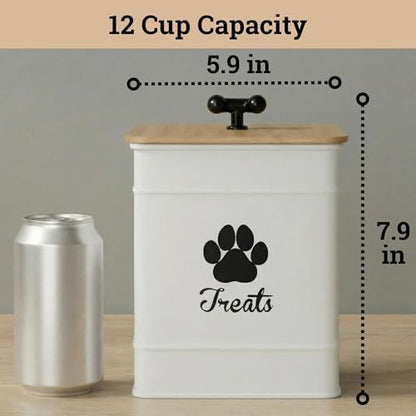 Dog Treat Container Airtight - 6 Inch Wide x 8 Inch Tall Iron Dog Treat Jar for Kitchen Counter with Airtight Bamboo Lid - 12 Cup Capacity Pet Treat Container - Doggie Cookie Jar - Big Treats Canister - color: White