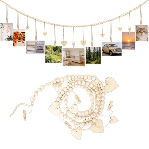 1 Pack Hanging Photo Display with Clips, Photo String with Clips, Boho Wall Decor Wooden Beads Garland with 9 Clips for Living Room, Bedroom, Dorm, Classroom (1Pack)