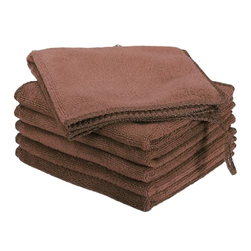 HARFINGTON 6 Pack Microfiber Cleaning Cloth, 10" x 10" Multi-Functional Cleaning Towels Reusable Absorbent Rags with Hook for Car Wash Kitchen Household Window Clean, Brown - color: Brown, size: 10" x 10"