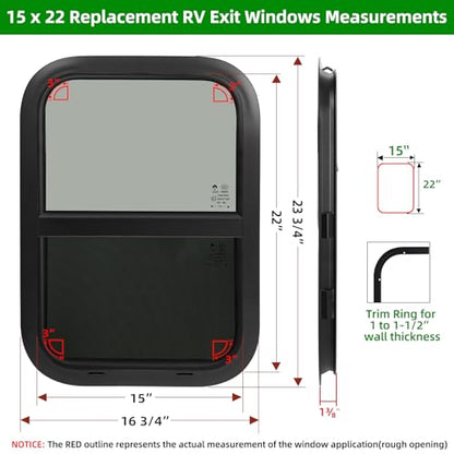 NOVINO RV Windows for Cargo Trailer, 15" W x 22" H RV Camper Cargo Trailer Windows Replacement, Vertical Sliding,Fit 15/16" or 1-3/8" Thick Wall,Allow Error 1/16”,DOT Approved - size: 15"W x 22"H