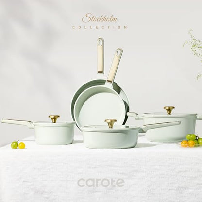 CAROTE Ceramic Cookware Set Nonstick, 14pcs Pots and Pans Set Nonstick, Non-Toxic & PFAS-Free, Dishwasher, RV/Camping Cookware Set, Cooking Pots with Lids, Sage Green - color: Green, size: 14 Piece