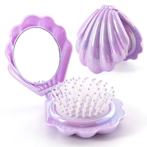 Iridescent Shell Folding Hair Brush with Mirror, Compact Travel Size Mermaid Hair Brush for Purse, Portable Brush Mini Pocket Mirror Massage Comb for Women (PURPLE) - color: PURPLE