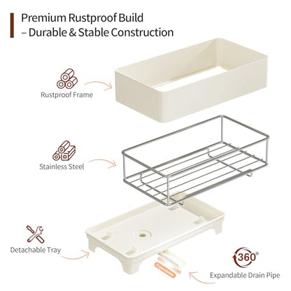 Sponge Holder for Kitchen Sink – Rustproof Stainless Steel, 360° Rotating Drain Pipe, Large Counter Organizer with Drip Tray for Sponges, Brushes & Dish Cloths Off-white - color: Off-White 1