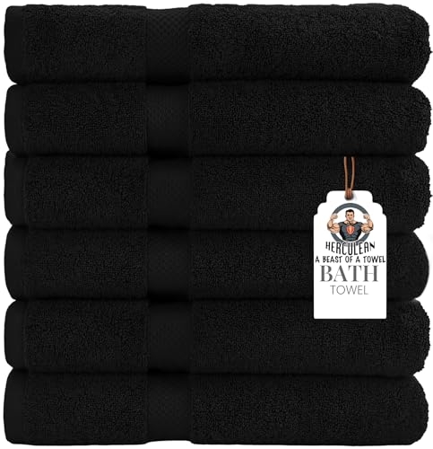 HERCULEAN Premium Bath Towels 24 x 48 Pack of 6 | Quick Dry and Highly Absorbent | 100% Cotton Terry Towels for Bathroom - Perfect for Shower - Pool and Spa - Luxury Soft Towels - Black - color: Black, size: 24" x 48" PK 6