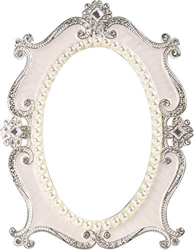 Nerien Decorative Tabletop Oval Mirror Vintage Metal Desktop Mirror with Stand Pearl Floral Frame Makeup Mirror Retro Cosmetic Mirror Countertop Dressing Mirror for Home, Bedroom Decor White-M - color: White, size: 9.5"L x 7.1"W