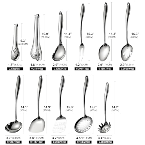 304 Stainless Steel Cooking Utensils Set, 11 PCS Long Large Metal Cooking Utensil Tools Set, Mirror Polished Kitchen Gadget Cookware and Kitchen Tool Set, Dishwasher Safe