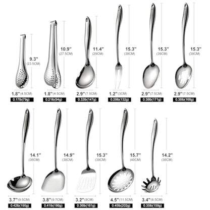 304 Stainless Steel Cooking Utensils Set, 11 PCS Long Large Metal Cooking Utensil Tools Set, Mirror Polished Kitchen Gadget Cookware and Kitchen Tool Set, Dishwasher Safe