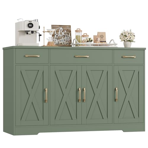 HOSTACK Buffet Sideboard Cabinet with Drawers, 55" Large Buffet Storage Cabinet with Shelves and Doors, Modern Farmhouse Coffee Bar Station for Kitchen, Dining Room, Green - color: Green