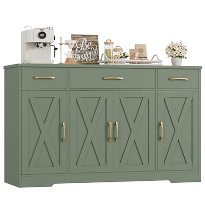 HOSTACK Buffet Sideboard Cabinet with Drawers, 55" Large Buffet Storage Cabinet with Shelves and Doors, Modern Farmhouse Coffee Bar Station for Kitchen, Dining Room, Green - color: Green