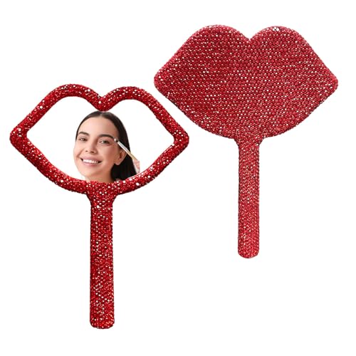 Large Rhinestone Handheld Mirror Heart Bling Glitter Cosmetic Dazzling Portable Hand Mirrors with Handle for Women Wedding Silver White (Lip-Red) - color: Lip-red