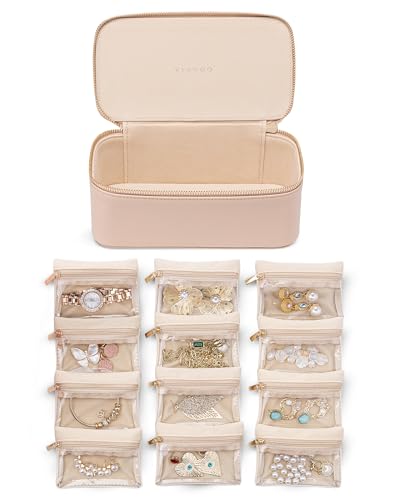 VLANDO Jewelry Travel Case,Travel Jewelry Organizer with Clear Velvet Jewelry Bags 12Pcs Zipper Pouch for Women Wedding Gifts for Friends Sister-Khaki - color: D.12PCS Khaki