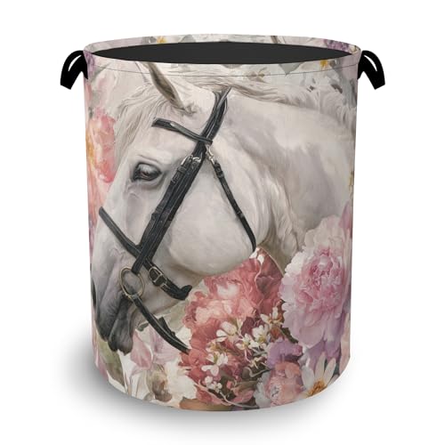 Horse Laundry Hamper,Pink Flowers Dirty Clothes Laundry Basket with Handles Waterproof Oxford Cloth Storage Basket for College Dorms Bathroom Bedroom 16" x 20.8" - color: Horse Pink Flowers