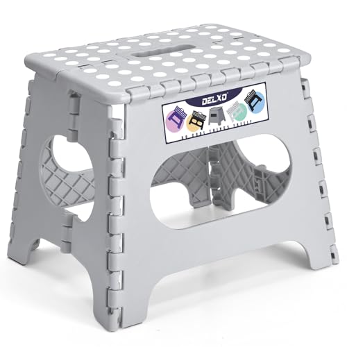 Delxo Folding Step Stool, 11 inch Non-Slip Foldable Stools for Kids & Adults Up to 300 LBS, Step Stool with Handle, Lightweight for Kitchen, Bathroom, Bedroom, Garden, Grey, 1PC - color: Gray, size: 11 Inch
