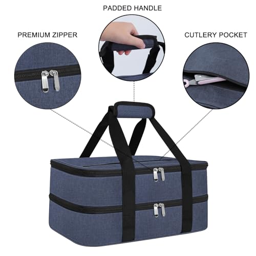 esouler Double Insulated Casserole Carrier Bag Hot & Cold Food Carrier Bag Lasagna Holder Lunch Bag for Picnics, Parties, Travel, Fits 9 x 13 Inches Casserole Dish-Blue - color: Blue, size: 16x10x7.2 in