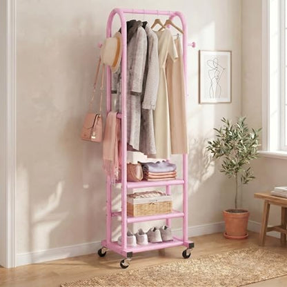 Dttwacoyh Metal Clothing Rack with Wheels and Hanging Hooks,Narrow Coat and Shoe Rack,Small Hall Tree,for Small Space, Bedroom, entryway, Walk-in Closet, Laundry Room– Pink - color: Pink