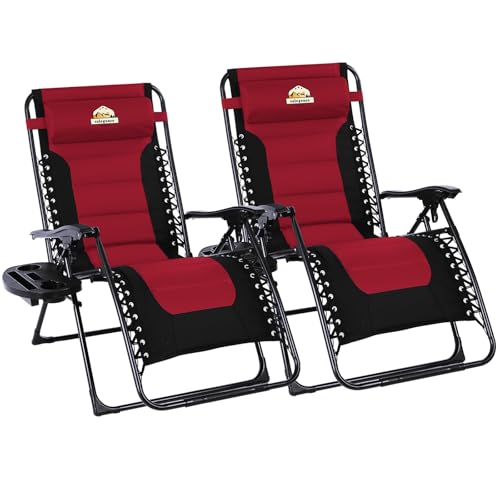 Colegence Oversized Padded Zero Gravity Lounge Chair Set of 2, Foldable Patio Anti Gravity Reclining Chairs Folding Lawn Recliner with Cup Holder for Yard, Camping, Outdoor, Support 350 LBS, Burgundy - color: Burgundy, style: 2-Pack