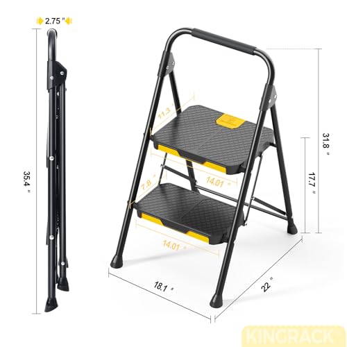 KINGRACK 2 Step Ladder, Sturdy Steel Step Stool with Safe-Lock Design, Handrail, Anti-Slip Wide Pedals, Pass 800lbs Load Testing, Folding Portable Ladder for Multi-Purpose, Home, Kitchen, Black - size: 2-Step
