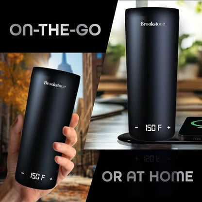 Brookstone Smart Self Heating Travel Mug & Wireless Phone Charging Station - 11.5oz Temperature Control Heated Coffee Tumbler | 6Hr Battery for Continuous Warmth | Double-Wall Stainless Steel - Black - color: Black Tumbler