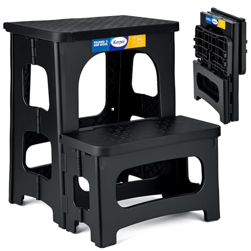 Korpai Folding 2 Step Stools,8" & 17" Dual Heights,Folding Step Hold up to 250 lbs,Step Stools for Adults and Kids,Step Stool for Dorm Bed,Kitchen Bedroom Office,Truck ect,Black - color: Black