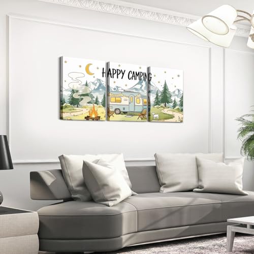 Erosebridal Cartoon Camper Framed Wall Decor Happy Camping Canvas Wall Art For Bedroom Bathroom Travel Camp Adventure Paintings Posters 3 Piece 12"X16" Nature Forest Pictures Prints - color: Green Blue White Brown