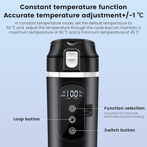 DC 12V/24V Car Travel Electric Kettle, 400ml Car Heating Mug with Anti-Spill Lid, Leak-proof, 304 Stainless Steel Liner Portable Coffee Tea Cup Up to 100℃ Variable Temp Control Bottle - color: Black 12V/24V/400ml