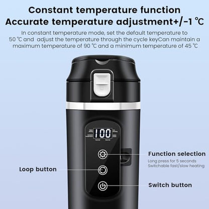 DC 12V/24V Car Travel Electric Kettle, 400ml Car Heating Mug with Anti-Spill Lid, Leak-proof, 304 Stainless Steel Liner Portable Coffee Tea Cup Up to 100℃ Variable Temp Control Bottle - color: Black 12V/24V/400ml