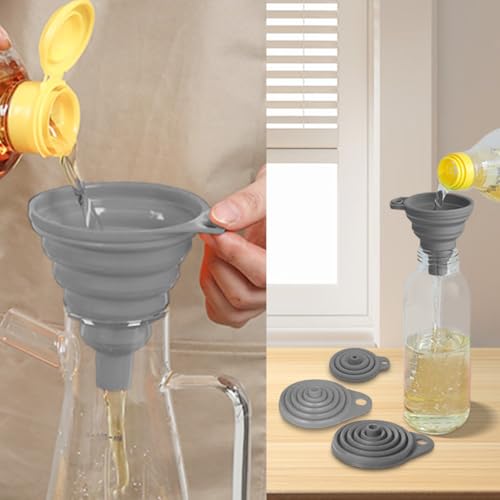 Kitchen Funnel Set 4 Pack, Small and Large, Kitchen Gadgets Accessories Foldable Silicone Collapsible Funnels for Filling Water Bottle Liquid Transfer Food Grade(Grey) - color: Grey