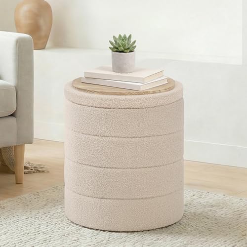 14.5" Round Storage Ottoman,Boucle Sherpa Ottoman with Tray, Faux Teddy Foot Rest Coffee Table for Bedroom Dorm Living Room,Beige - color: Beige, size: 14.5"D x 14.5"W x 17.7"H