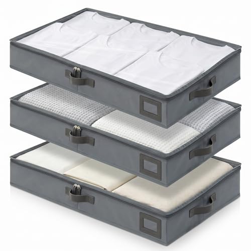 4" Low Profile Under Bed Storage Bins (3-Pack, Grey), Slim 600D Oxford Fabric Clothes Organizer Box with Reinforced Leather Handles, Sturdy Clear Lid - size: 4-Inch (3-PACK) - Slim