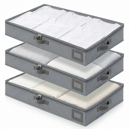 4" Low Profile Under Bed Storage Bins (3-Pack, Grey), Slim 600D Oxford Fabric Clothes Organizer Box with Reinforced Leather Handles, Sturdy Clear Lid - size: 4-Inch (3-PACK) - Slim