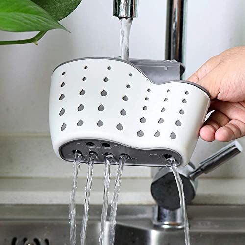 EC ELEGANTCHARM Kitchen Sink Caddy Sponge Holder Silicone Plastic Soap Holder Hanging Ajustable Strap Faucet Caddy with Drain Holes for Drying - color: White-1 Pack