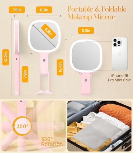 Gospire 6.8" Travel Vanity Mirror, 3-in-1 Hanging/Handheld/Desktop Use with Dual-Side Buttons, 1X/10X Magnification, 3-Color Dimmable LED, Auto Memory + Velvet Pouch (Pink) - color: Pink